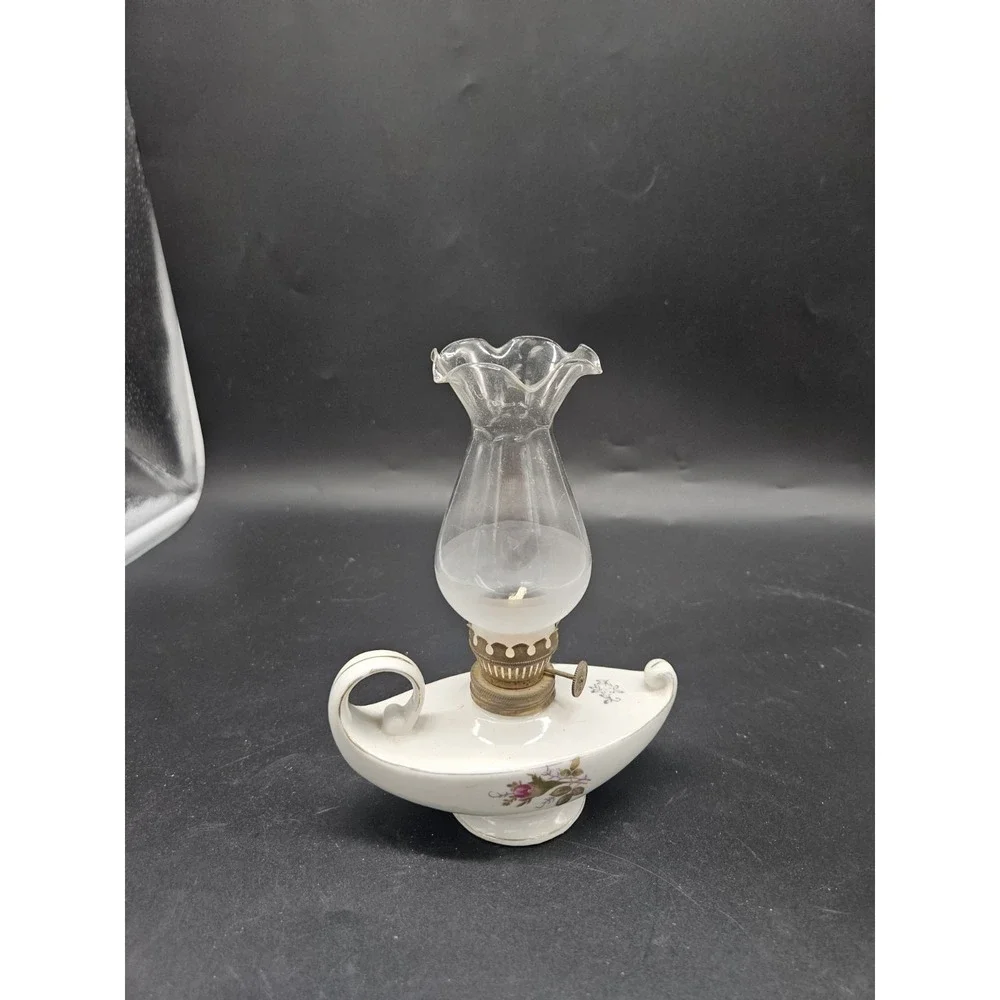 Vintage Small 7 Inch Oil Lamp Genie Style With Finger Hole - Floral Pattern